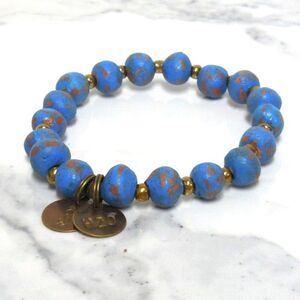 Boho Handmade Clay Beaded Stretch Bracelet | 7" Blue & Copper | H2O Logo Charms